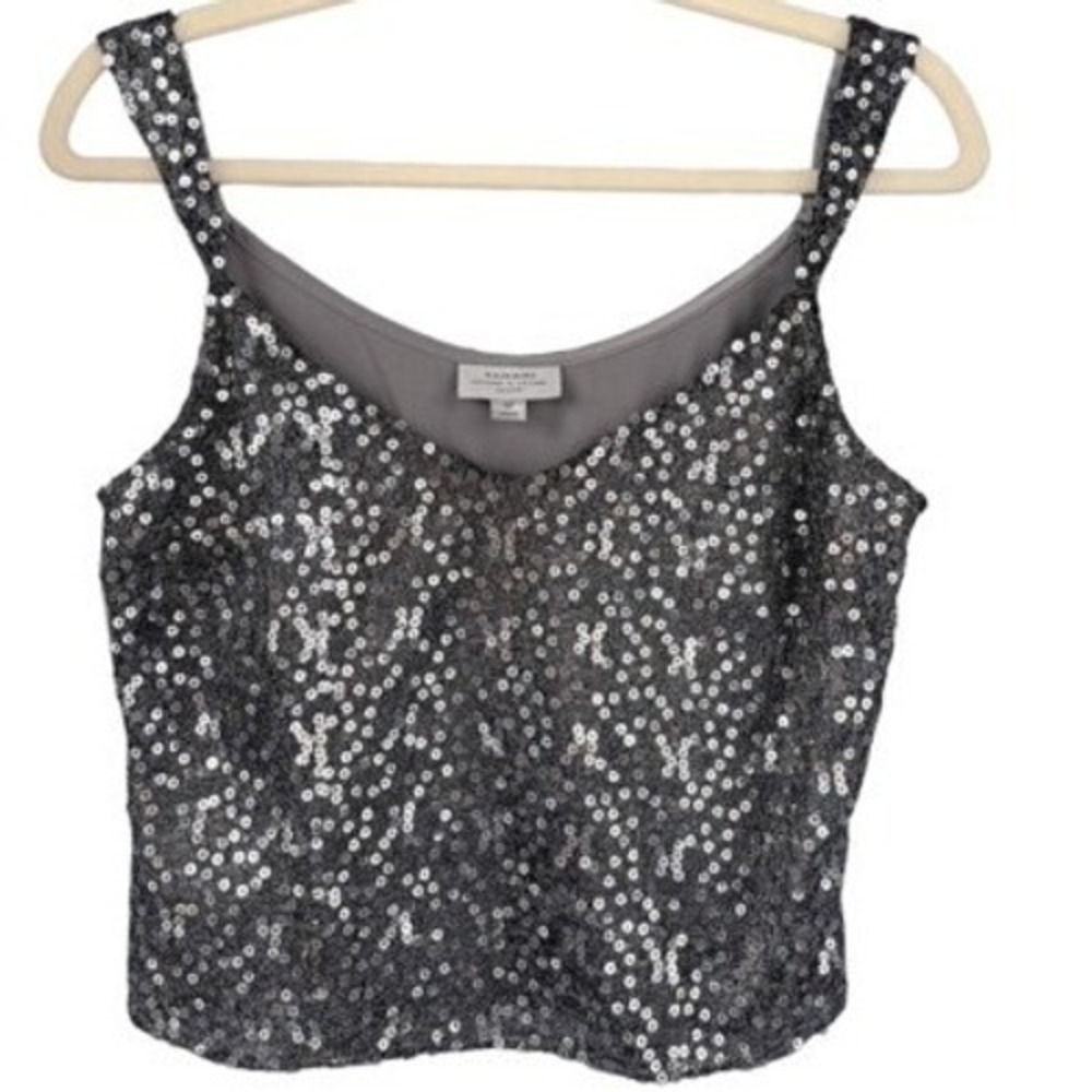T6 Tahari Arthur‎ S Levine Petite Sequin V Neck Tank Top Silver Sparkle Party